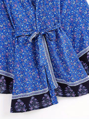 Floral Print Boho Style Cover Up Kaftan Long Sleeve Tie Belt Vacation