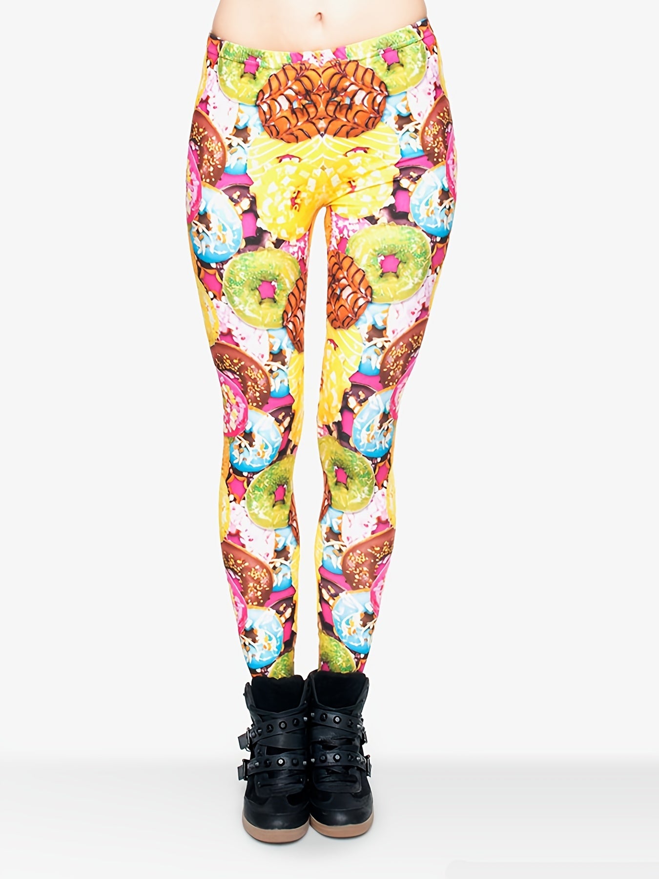 Colorful Donuts Print Skinny Leggings High Waist Stretchy Long Length