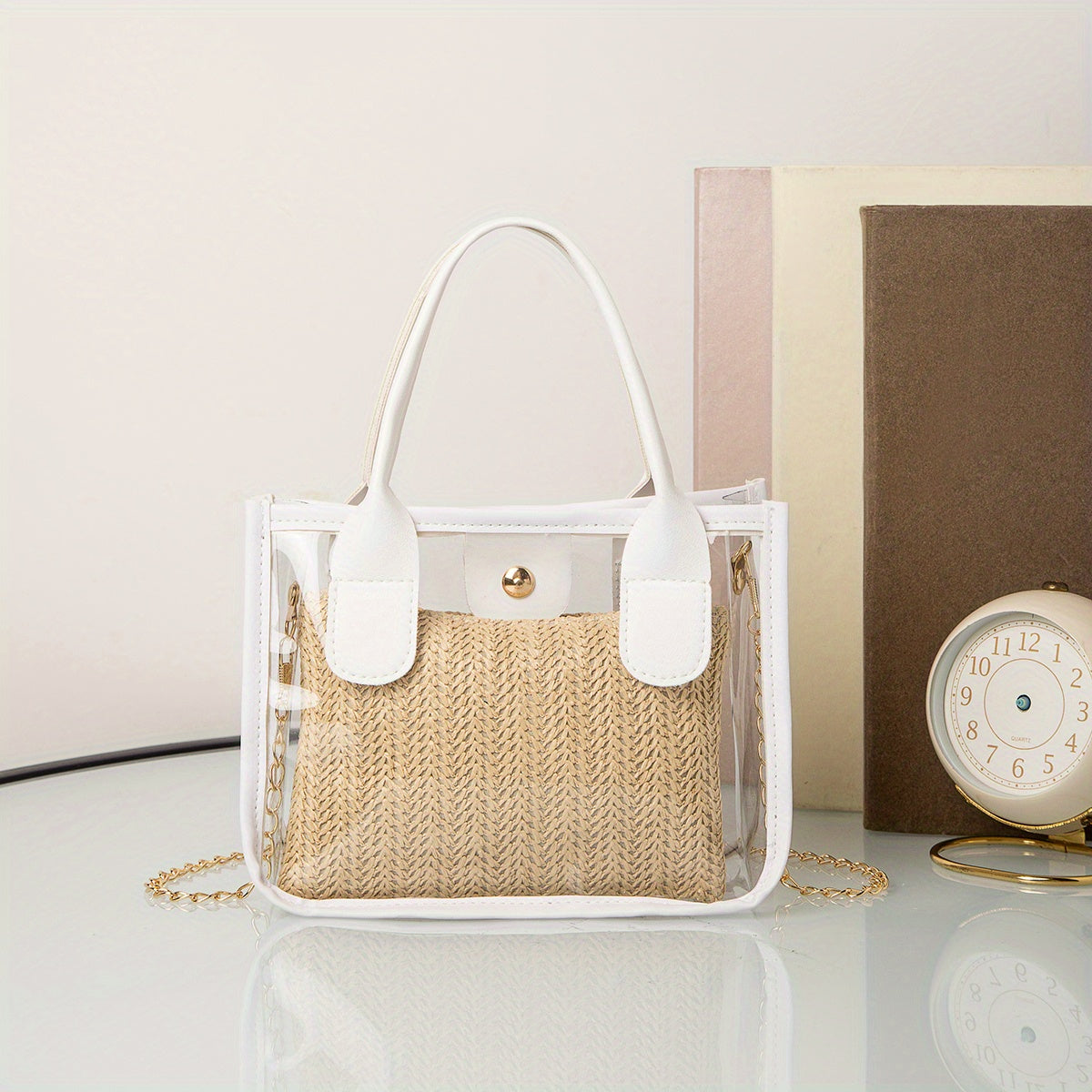2pc Transparent & Straw Crossbody Handbag Set - Beach Vacation Essentials
