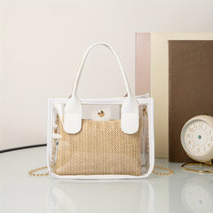 2pc Transparent & Straw Crossbody Handbag Set - Beach Vacation Essentials