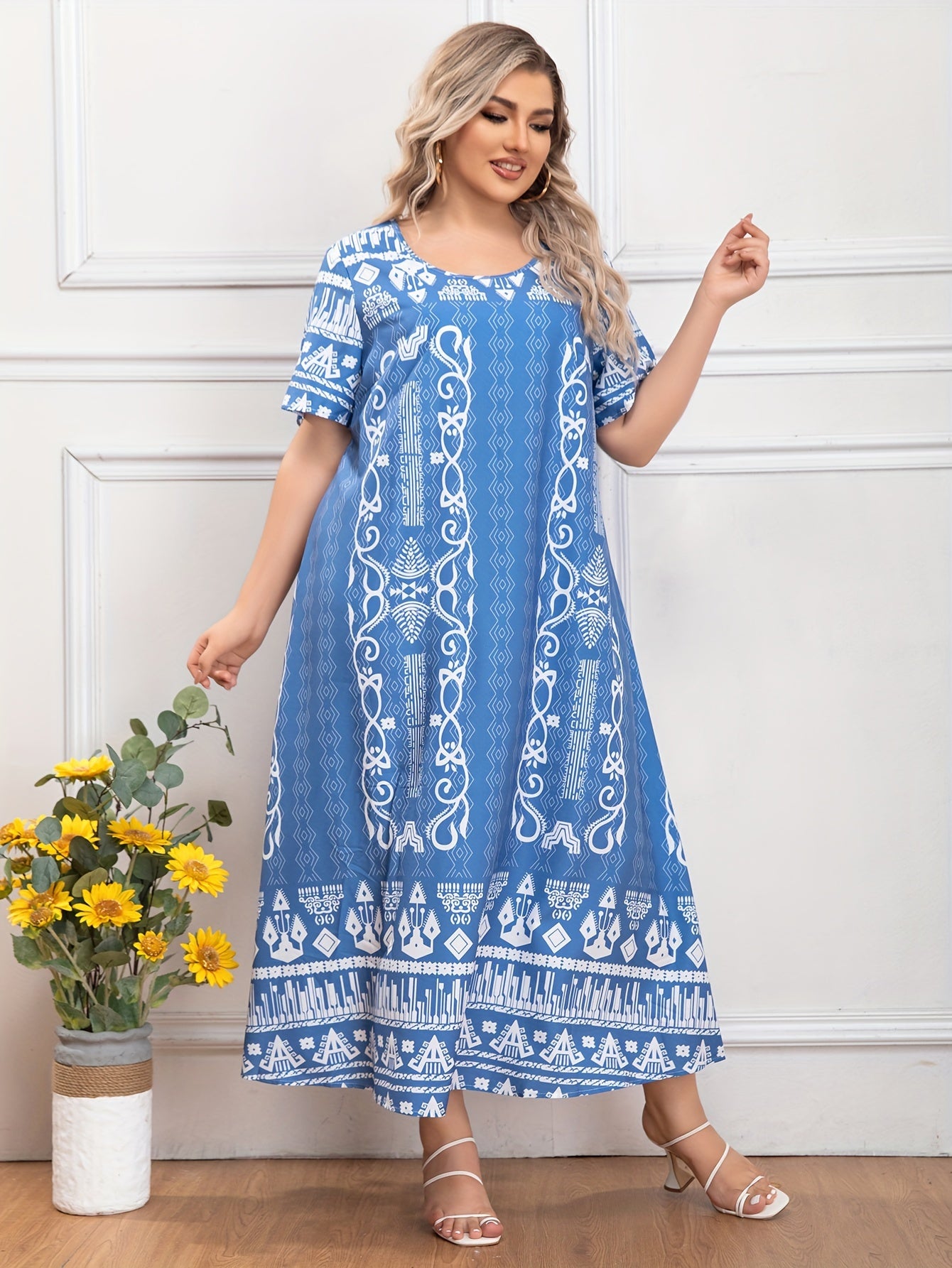  Boho Abaya Dress Women's Plus Geo Print Maxi Jalabiya Dress