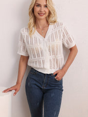 Eyelet Button Up Short Sleeve Cardigan for Summer