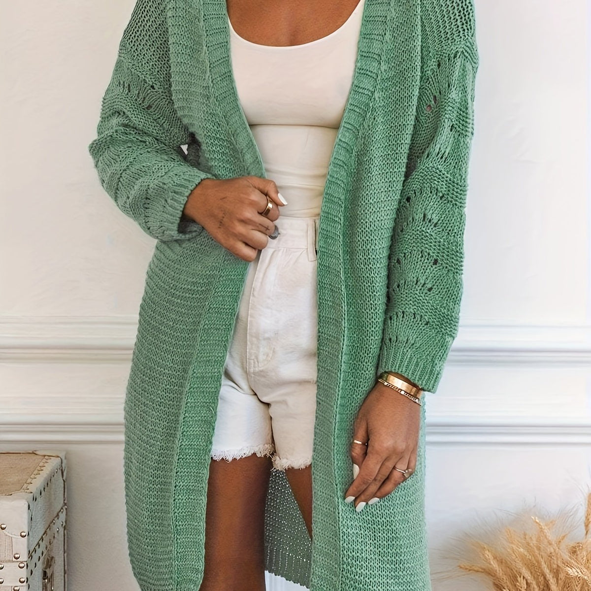  Retro Cardigan Solid Long Sleeve Open Front