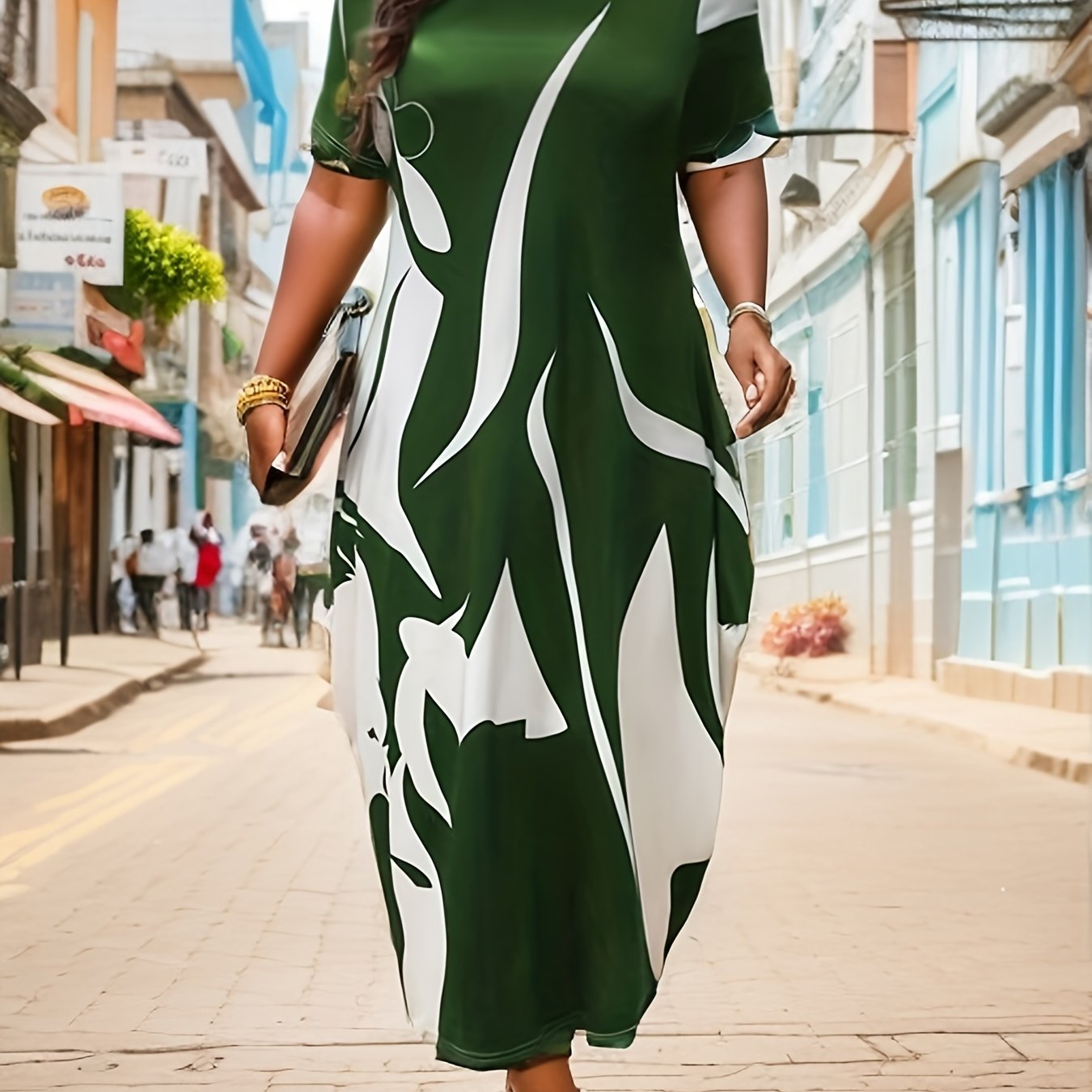  Abstract Print Short Sleeve Round Neck Baggy Dress