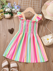 Girls Striped Sleeveless Dress Ruffles Ruched Summer Clothes