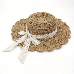 Lace Ribbon Bowknot Sun Hat Hollow Wide Brim Straw Hat Crochet Fedora Cap