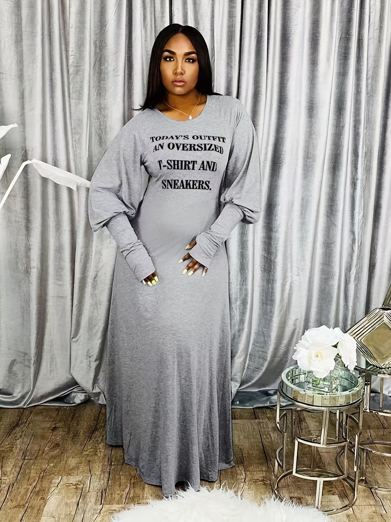 Slogan Print Long Sleeve Maxi Dress