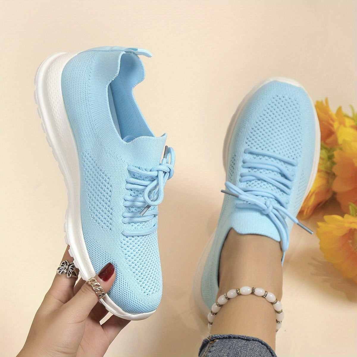 Women's Knit Lace Up Sneakers Non slip Weaving Sneakers
