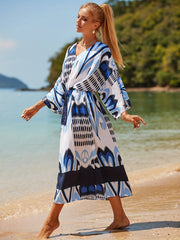  Boho Cover Up Women's Plus Tribal Print Bat Sleeve V Neck Loose
