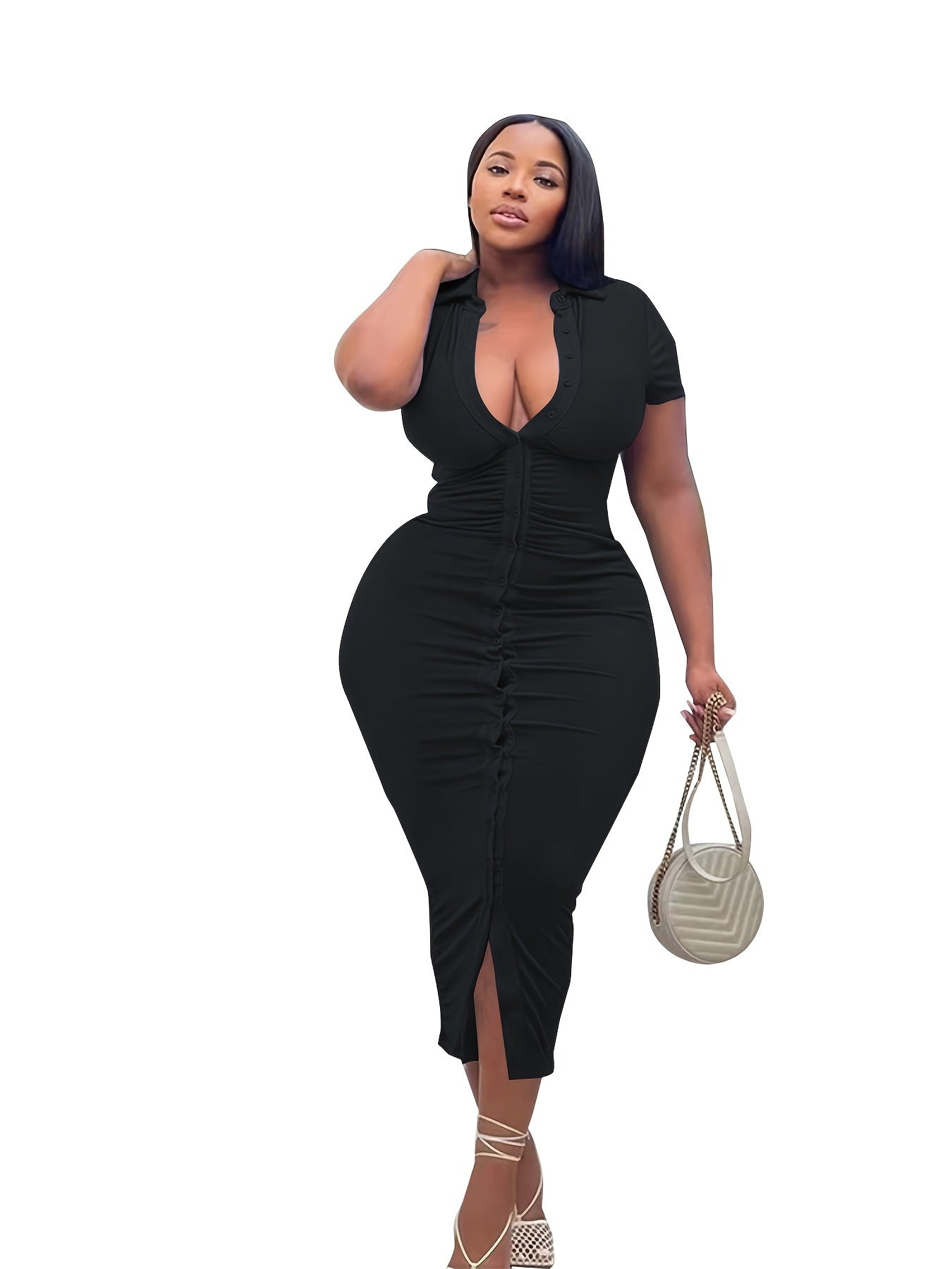 Solid Bodycon Dress Short Sleeve Button Up Sexy