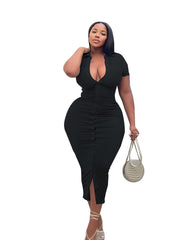  Solid Bodycon Dress Short Sleeve Button Up Sexy