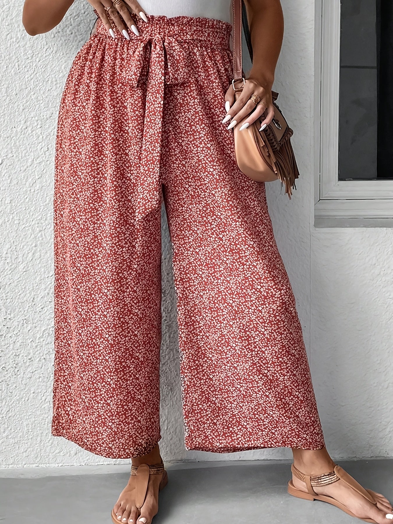  Women's Floral Print Ruffle Wide Leg Pants