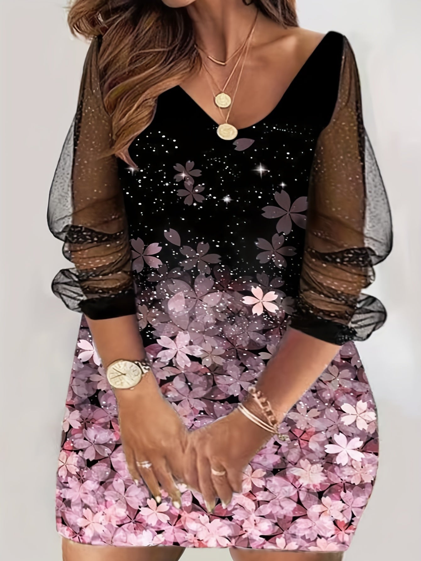  Women's Floral Print Long Sleeve V Neck Dress