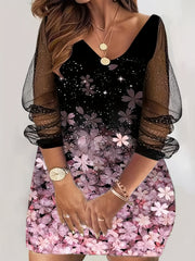  Women's Floral Print Long Sleeve V Neck Dress