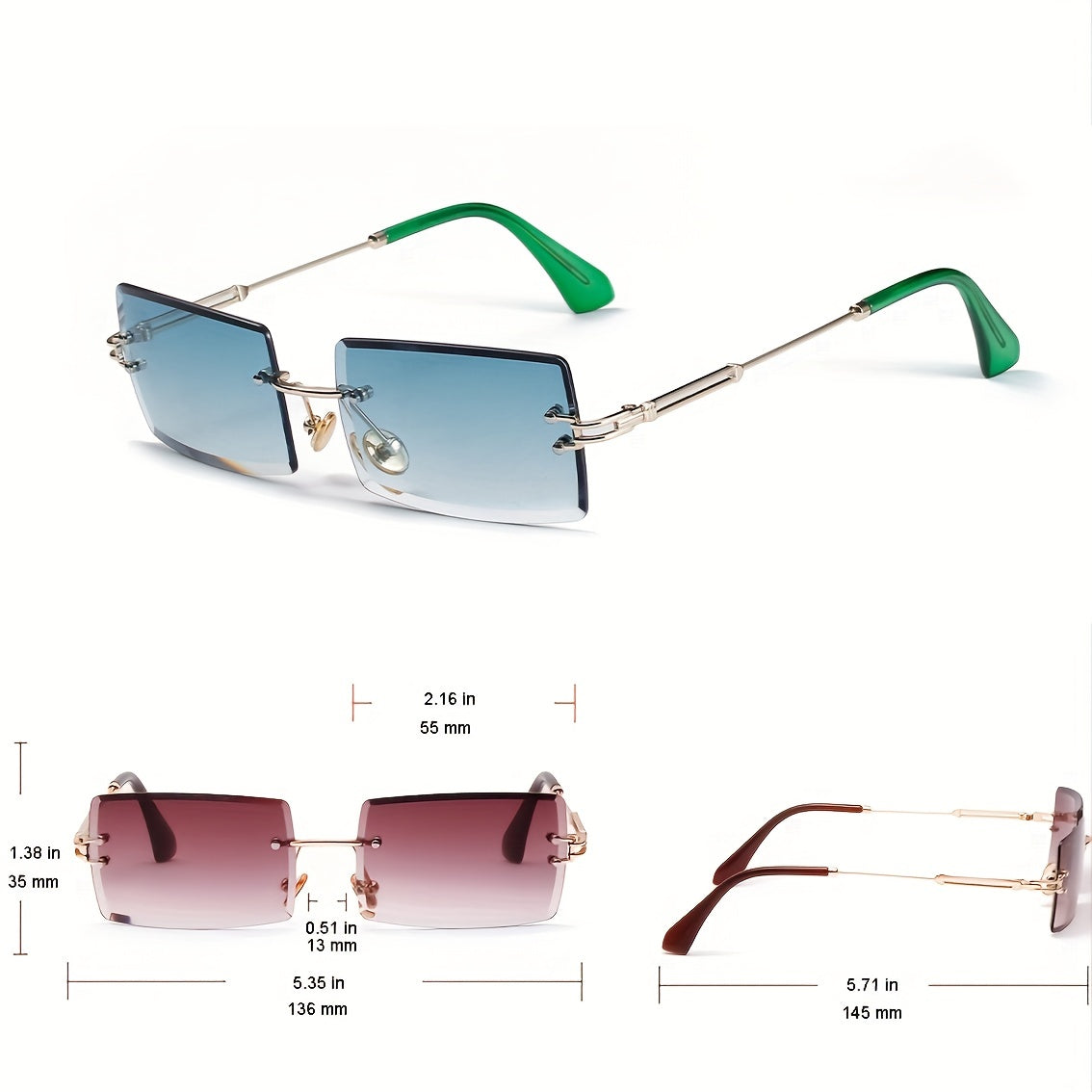 Women's Rimless Square Sunglasses Metal Frame Eyewear