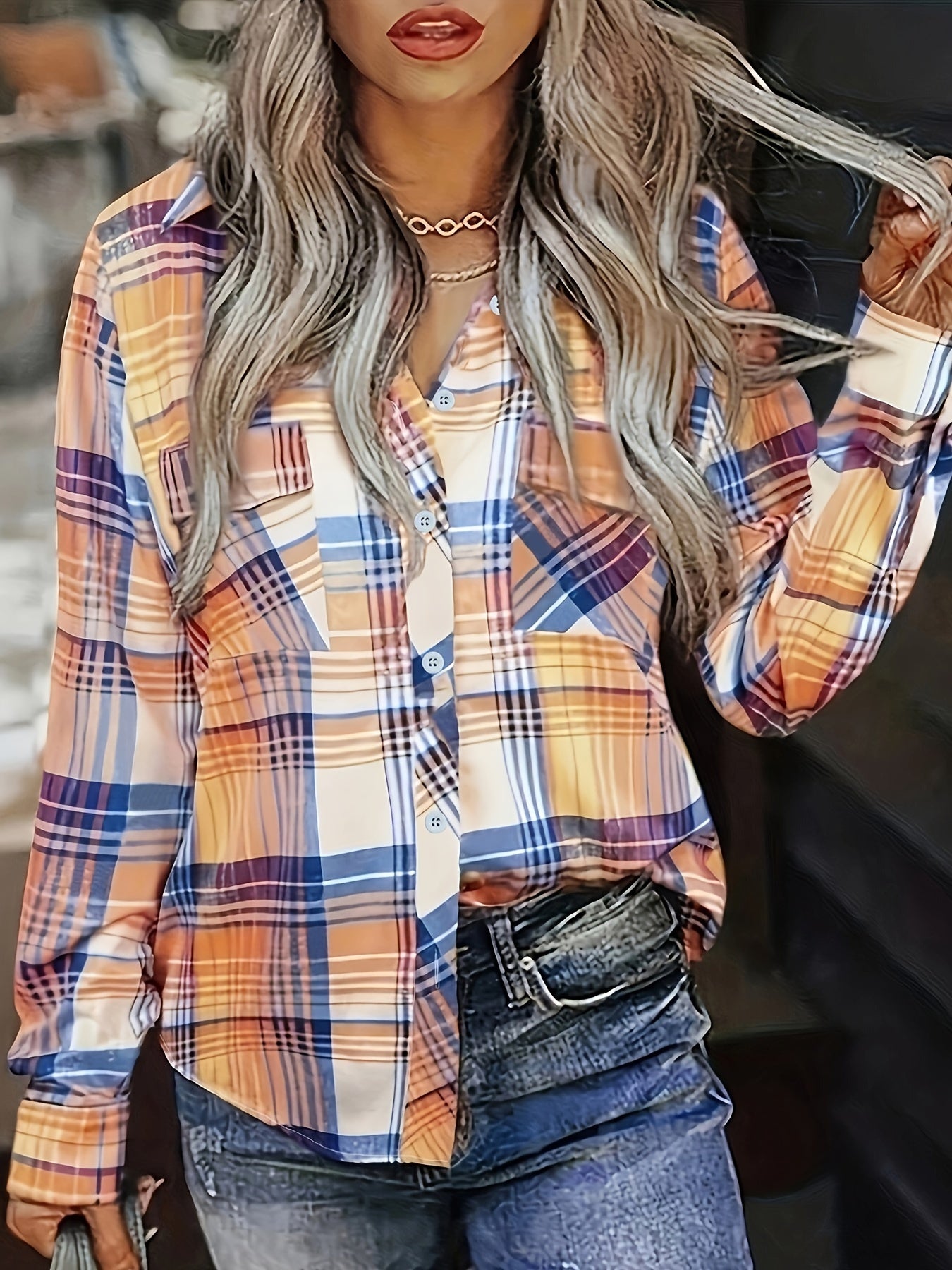  Plaid Print Button Up Collar Blouse