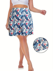  Leaf Print Ruched Split Mini Skirt for Women High Stretch