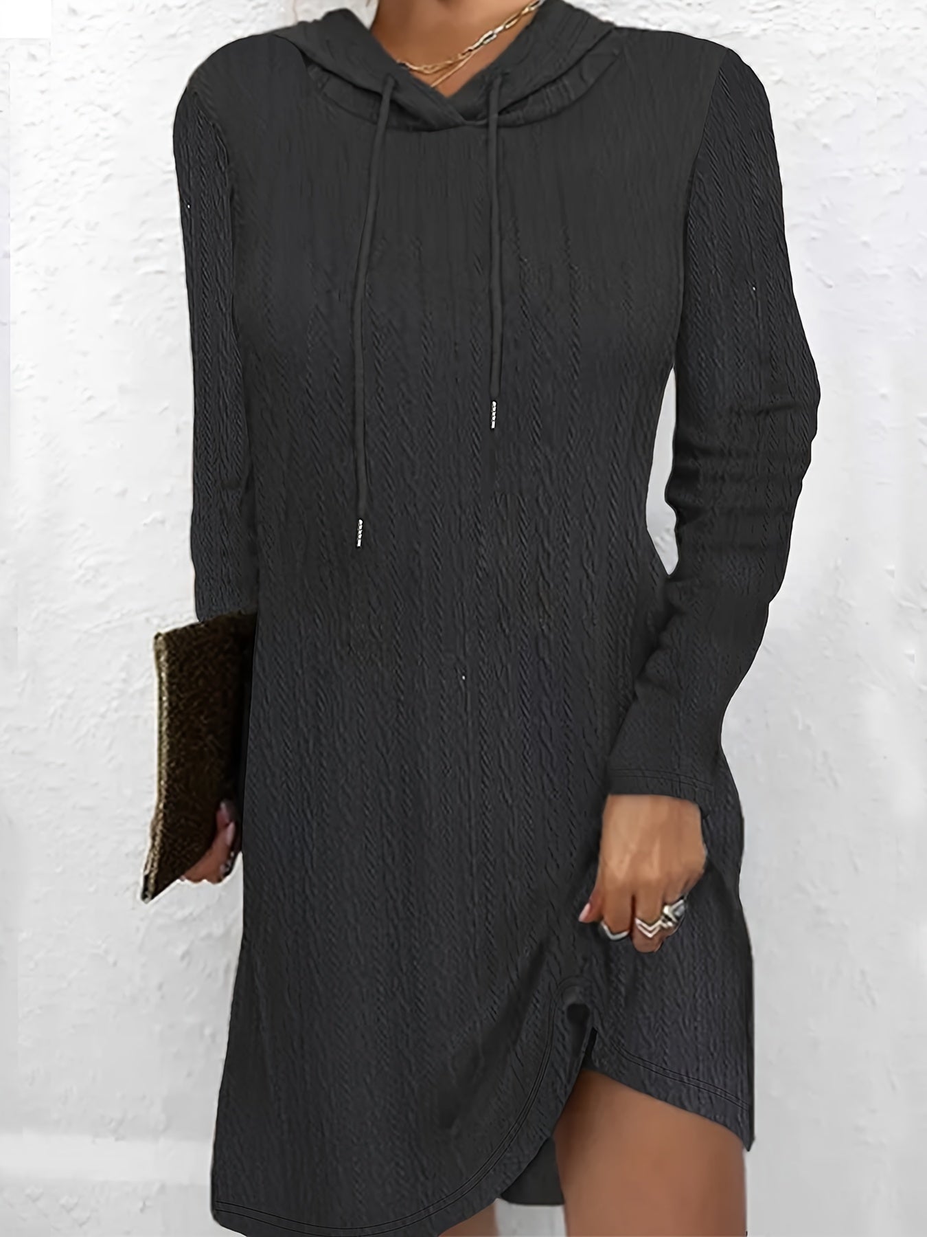  Casual Dress Women's Plus Solid Cable Hooded Drawstring Long Sleeve...