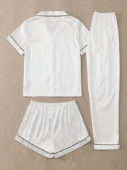 Heart Print Pajamas Set Button Top & Shorts & Pants Women's Sleepwear
