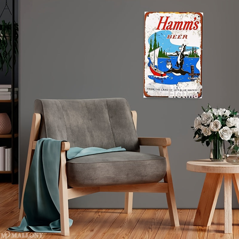 Vintage Metal Tin Sign 1956 Hamm's Beer Bears Fishing 7x11 inches