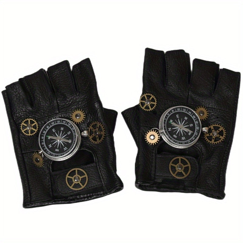 Steampunk Leather Gloves Men's Gothic Fingerless Gear Halloween Compass
