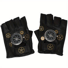 Steampunk Leather Gloves Men's Gothic Fingerless Gear Halloween Compass