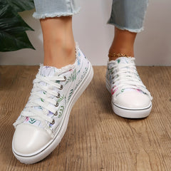 Floral Print Canvas Sneakers Lace Up Round Toe Walking Shoes
