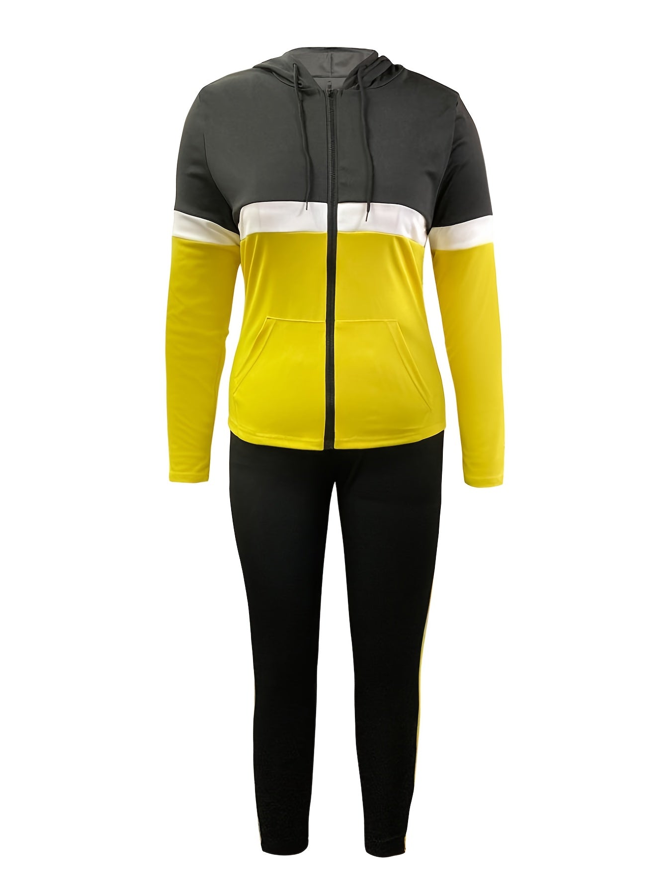  Colorblock Long Sleeve Hooded Zip Up Coat & Leggings Outfit Set