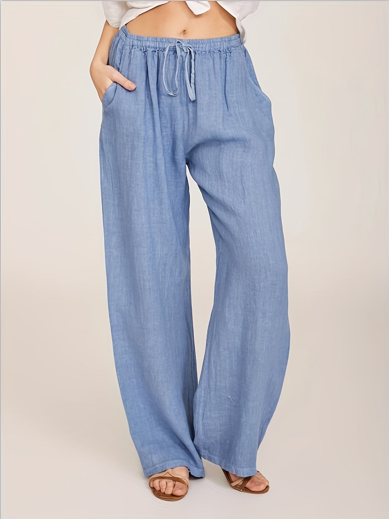  Solid Wide Leg Pants With Pockets