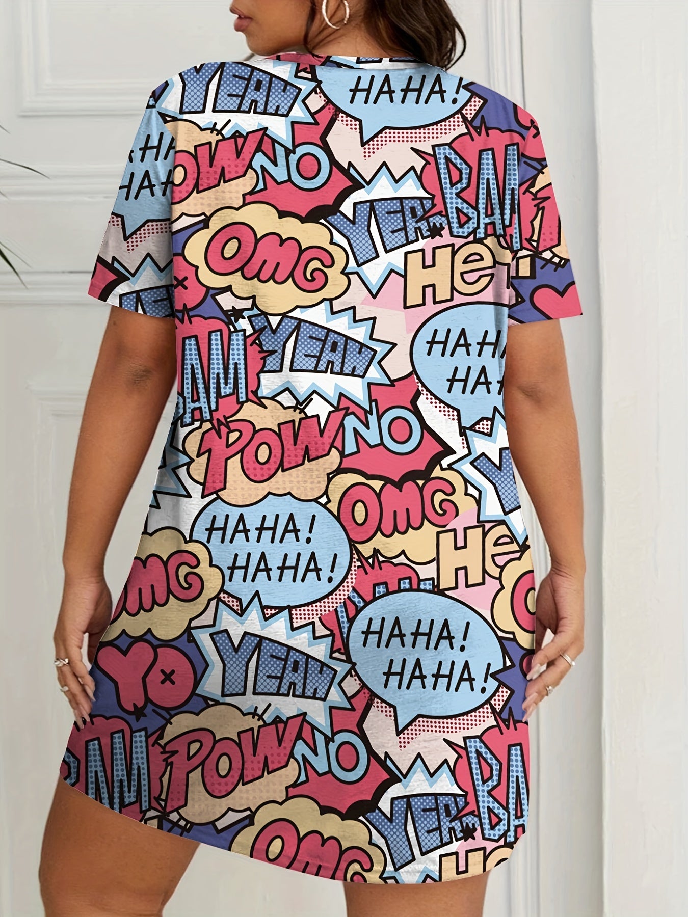  Pop Art Print Round Neck Sleep Dress