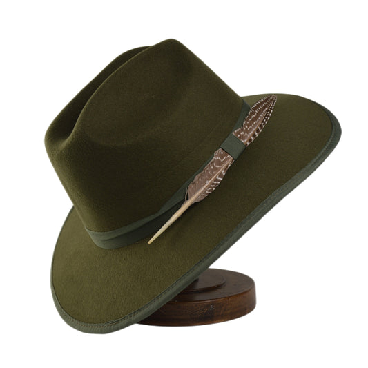 Green Wide Brim Felt Fedora Hat with Band & Feathers