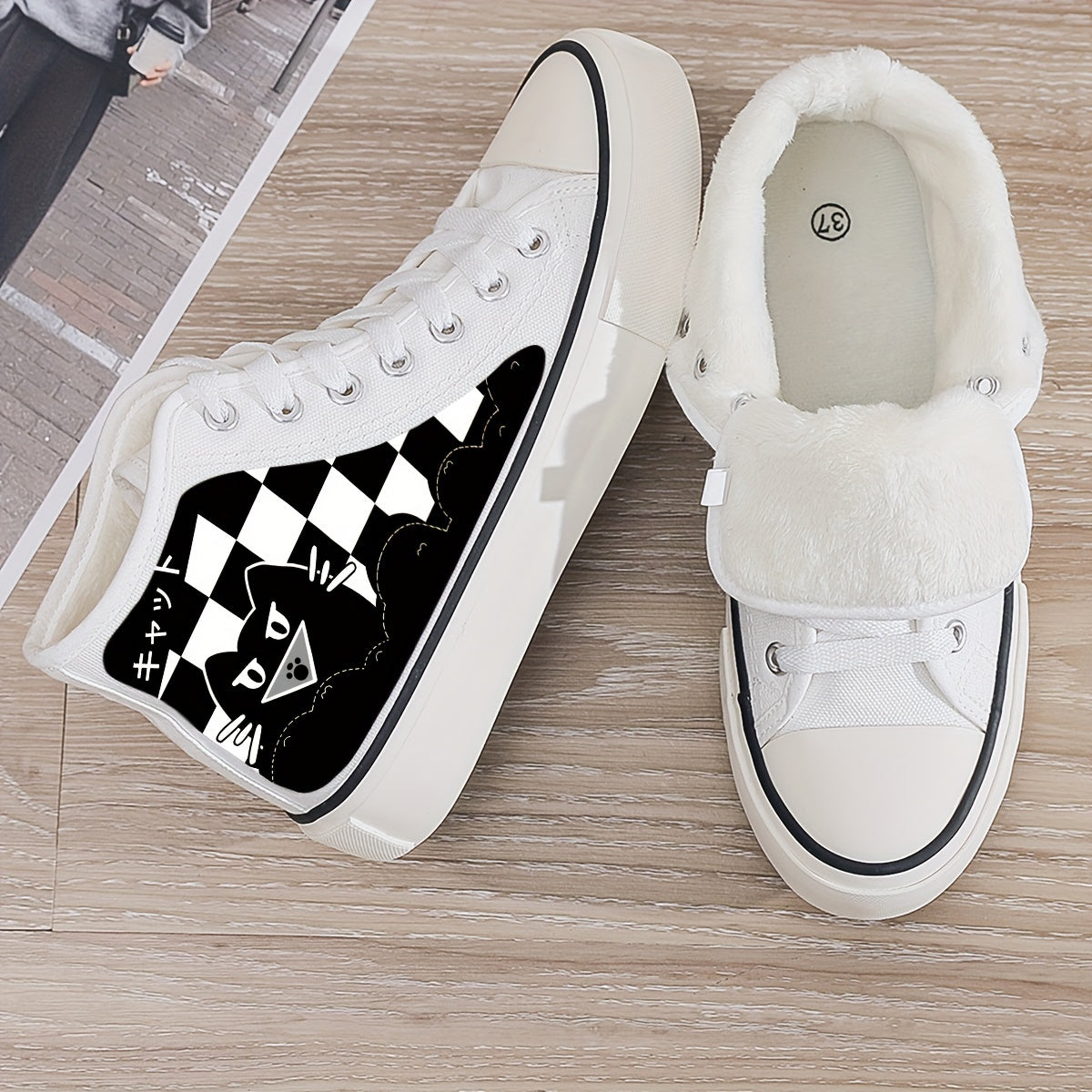 Cat Print Plush Lined Thermal Chunky Canvas Sneakers
