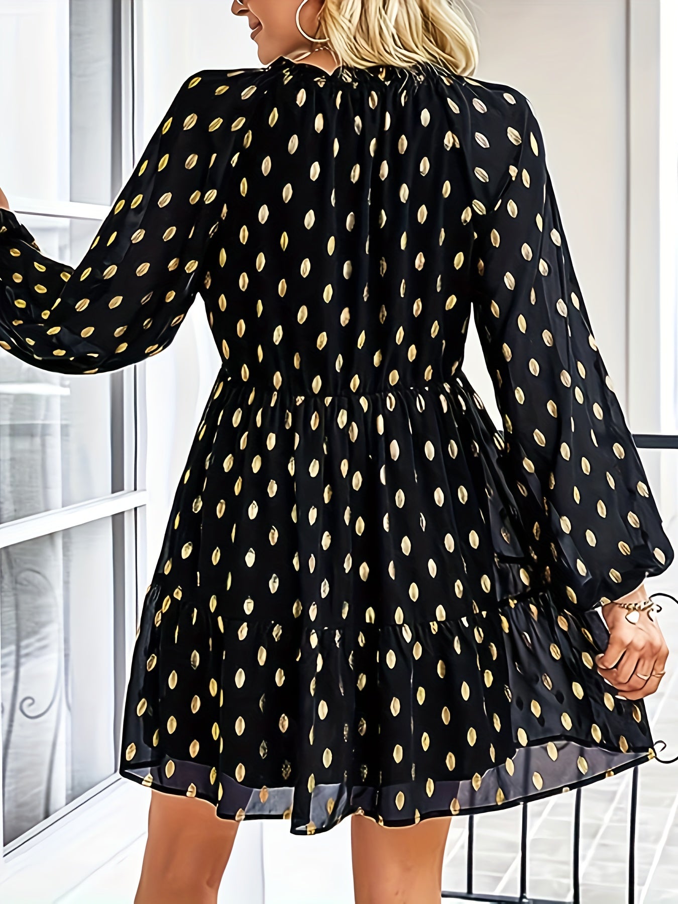  Mini Dress Golden Dot Print Lantern Sleeve