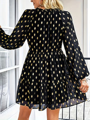  Mini Dress Golden Dot Print Lantern Sleeve