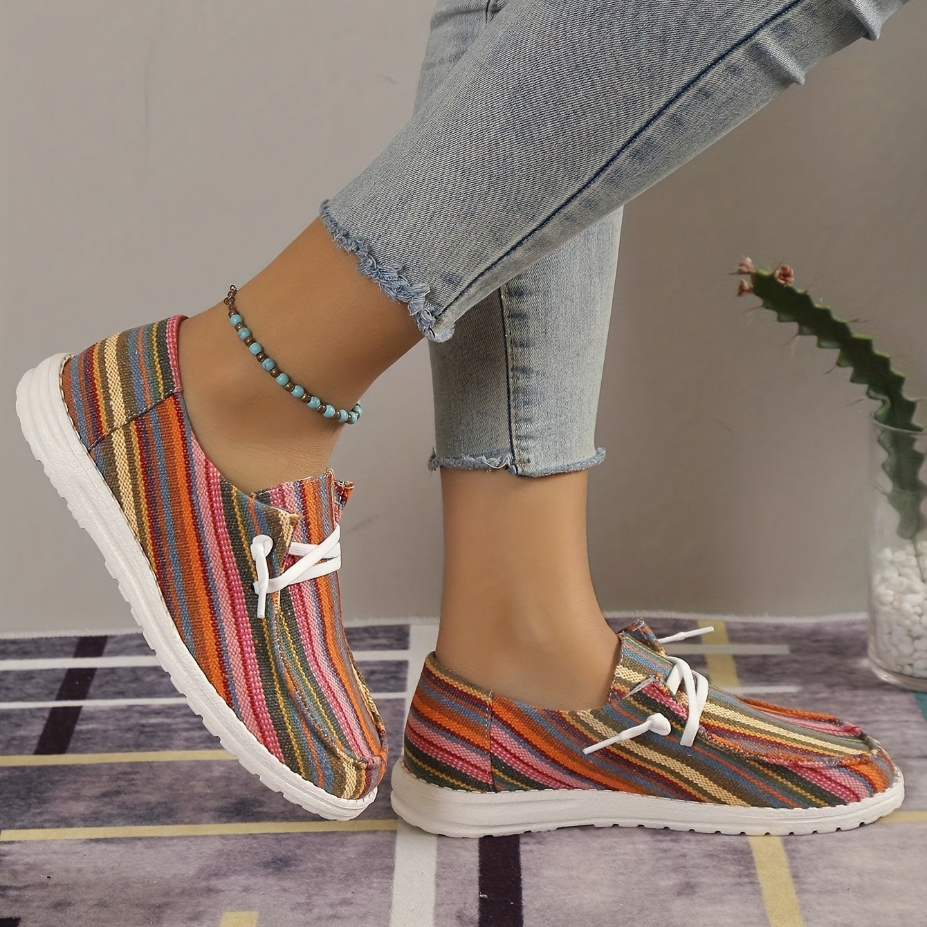 Women's Striped Canvas Shoes Lace Up Outdoor Sneakers Lightweight
