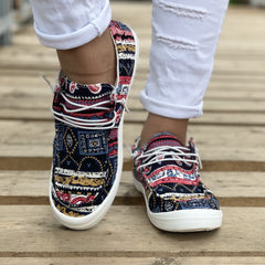 Women's Tribal Print Canvas Shoes Low Top Lace Up Round Toe Casual Shoes