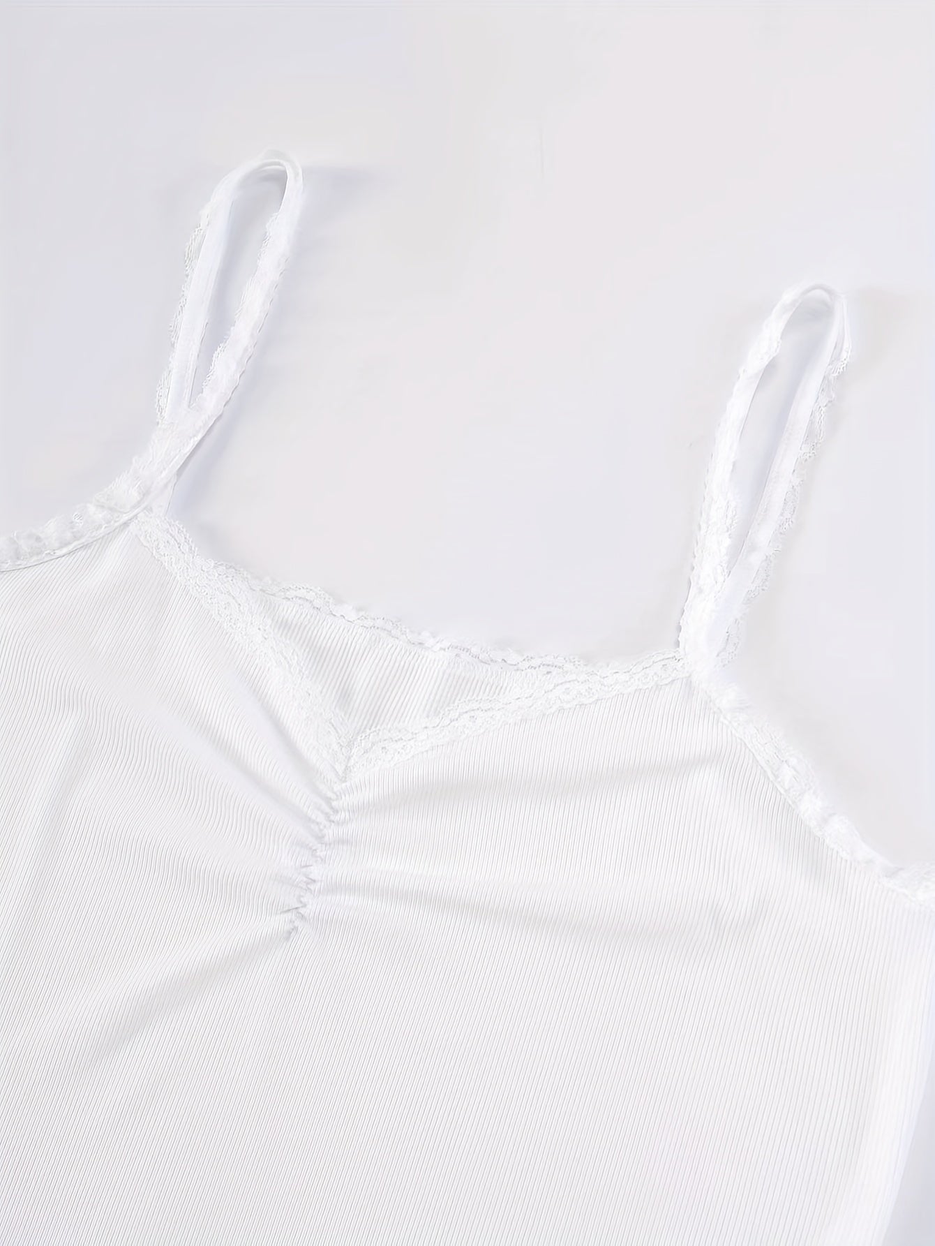  Solid Ribbed Lace Trim V Neck Cami Top