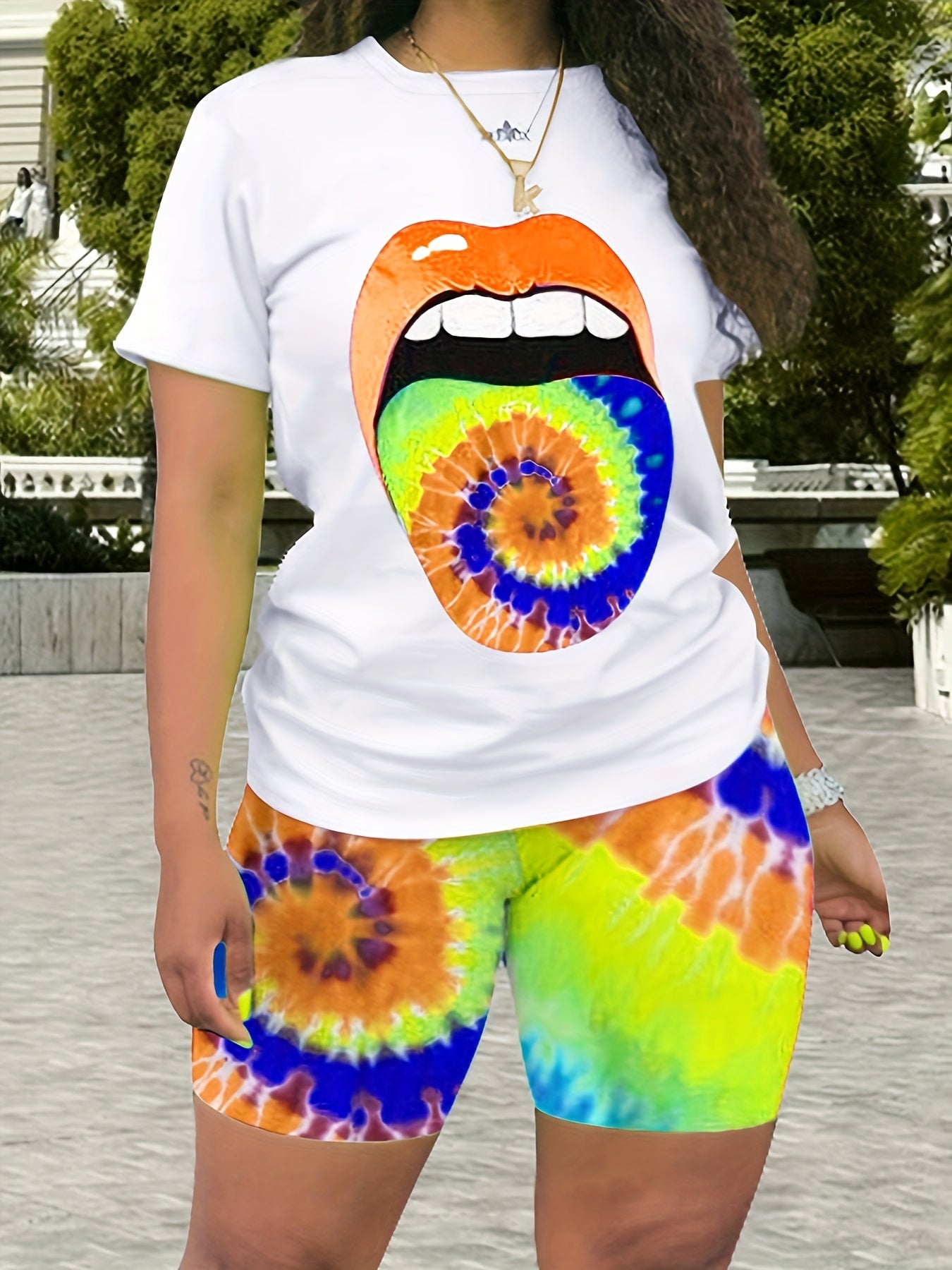  Lip Print T-shirt & Short Pants Set Women's Casual Stretch 2 Pcs Set