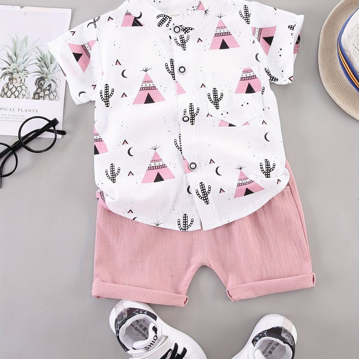 2pcs Baby Boys Cactus Print Short Sleeve Shirt & Shorts Set