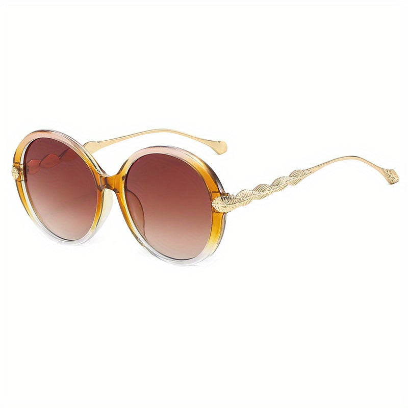 Large Round Sunglasses Metal Leaf Charm Gradient UV400