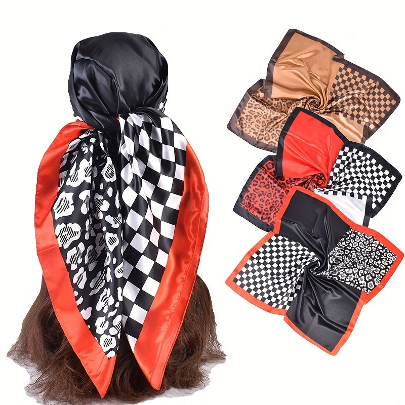 Geometric Plaid Print Bandana Silky Square Scarf Satin Shawl Head Wraps