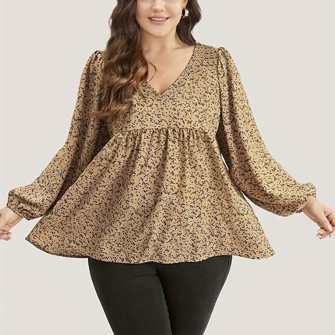  Blouse Women's Plus Ditsy Floral Print Lantern Sleeve V Neck Peplum