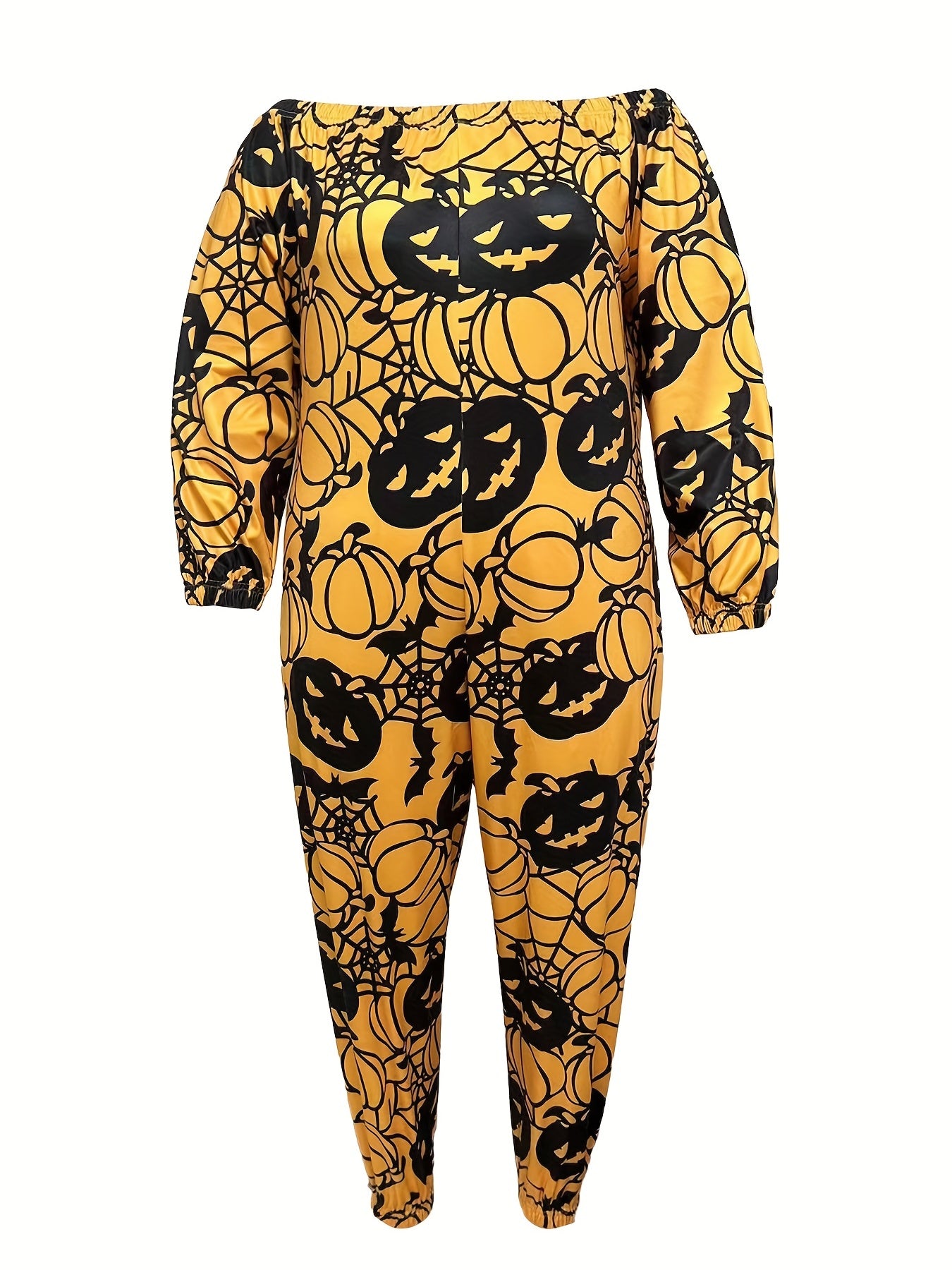  Halloween Jumpsuit Witch Pumpkin Print Off Shoulder Wide Leg Jumpsuit
