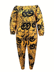  Halloween Jumpsuit Witch Pumpkin Print Off Shoulder Wide Leg Jumpsuit