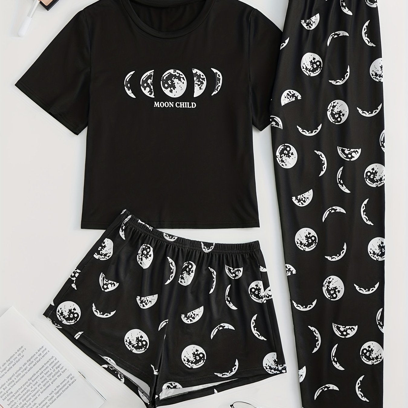 Starry Print Pajama Set Short Sleeve Crew Neck Top & Bottoms