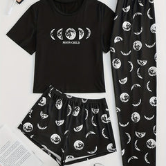  Moon Print Pajama Set Short Sleeve T-shirt & Shorts & Pants