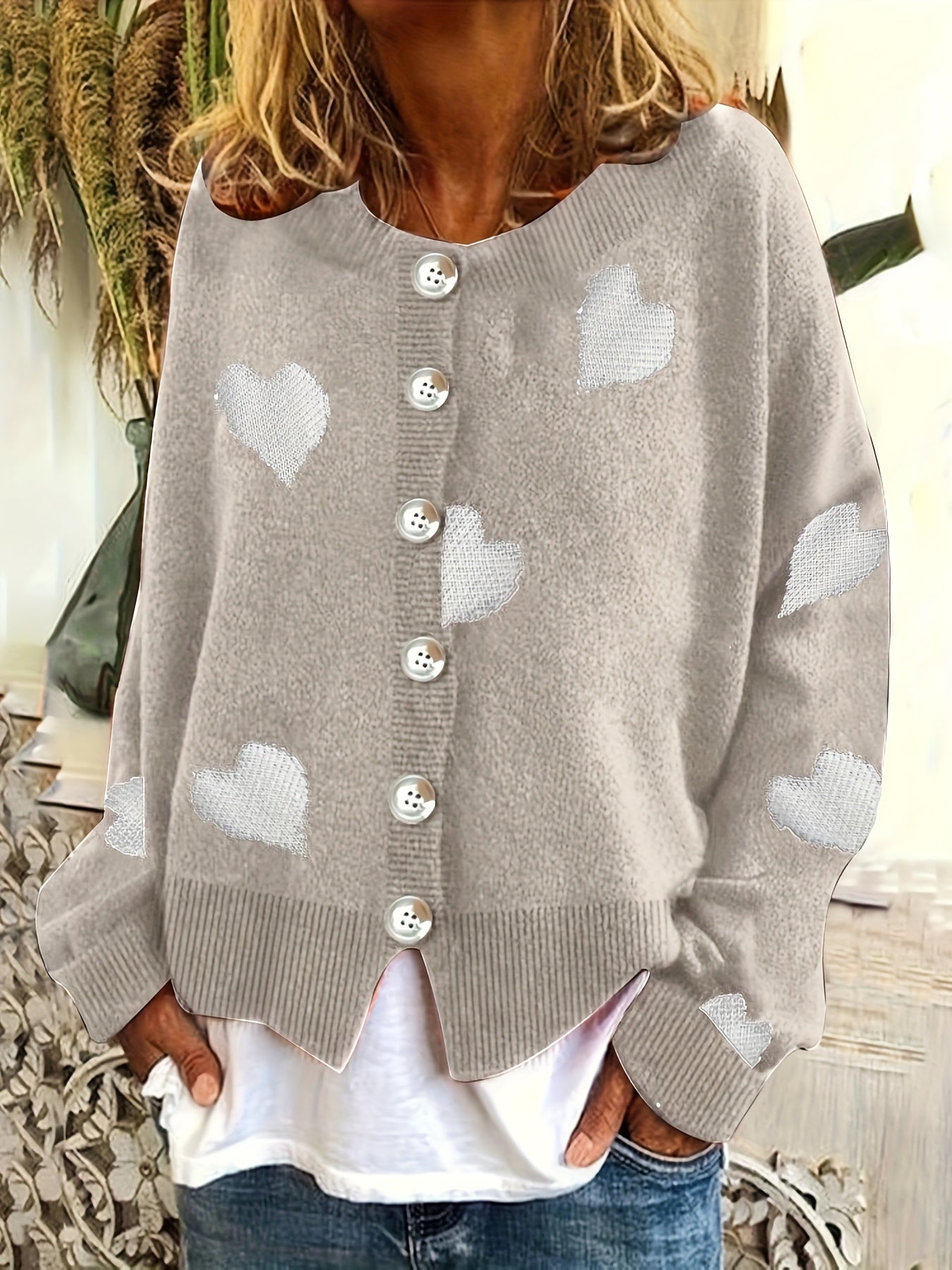  Heart Print Button Up Long Sleeve Cardigan