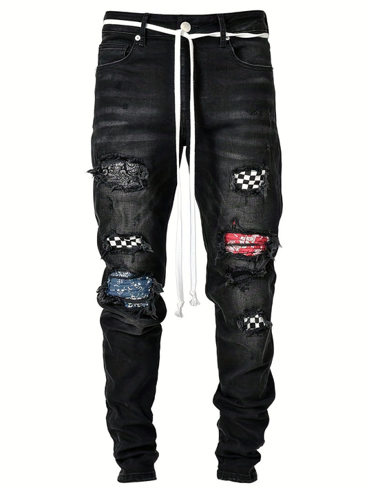 Plaid Ripped Jeans Men s Casual Street Style Distressed Denim Pants