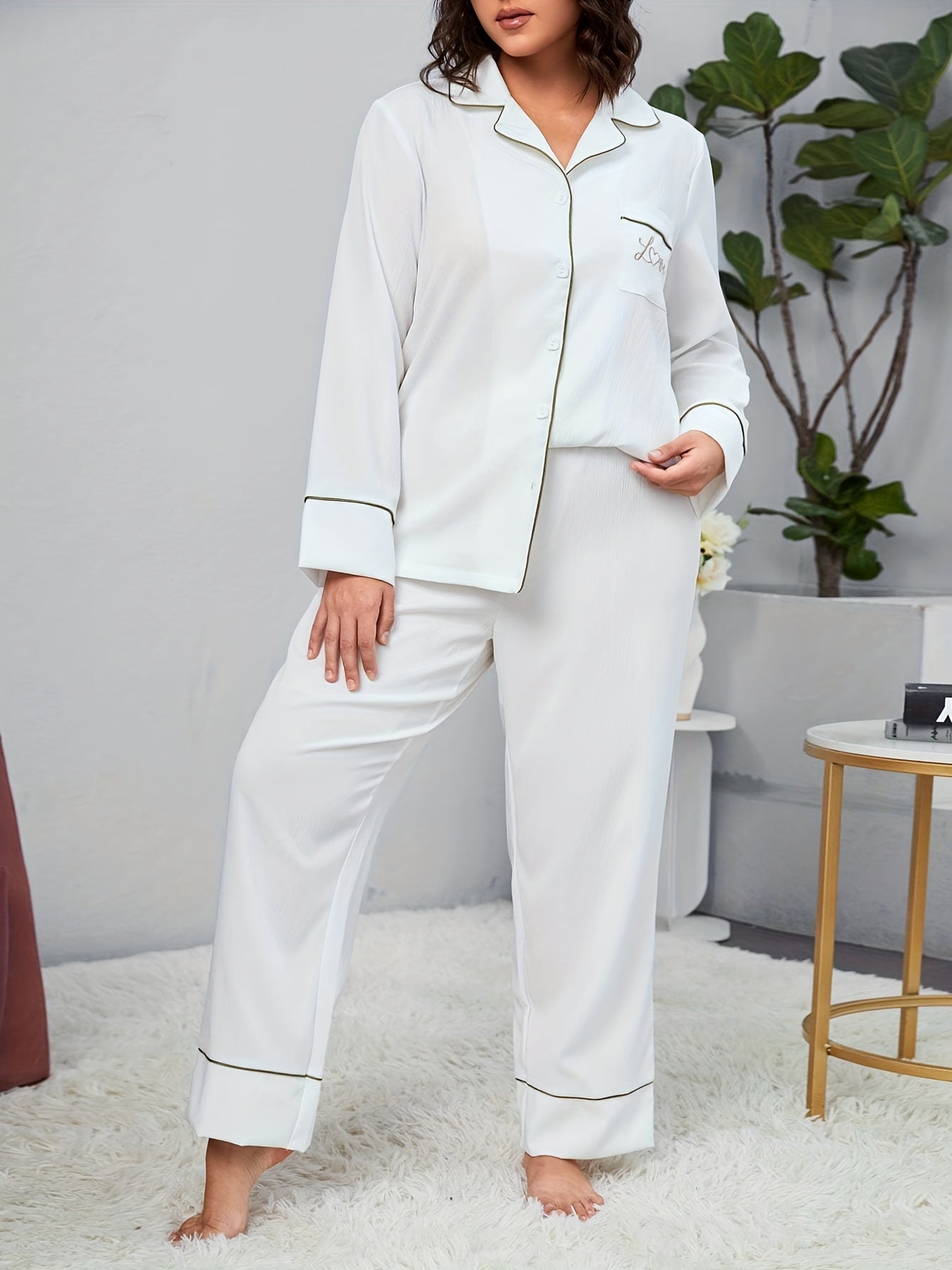  Women's 2pcs Pajama Set Letter Embroidery Shirt & Pants