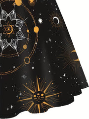 Colorblock Moon & Sun Print Short Sleeve Dress